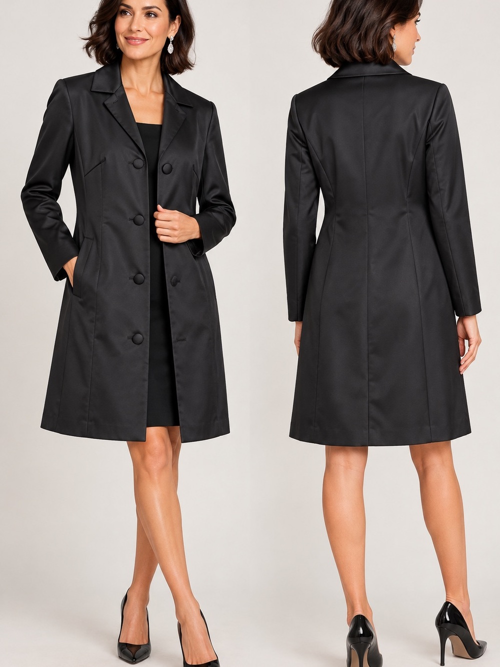 🖤MAKE OFFER🖤 Adrianna Papell Black Satin Evening Dress Trench Coat Jacket Size 8